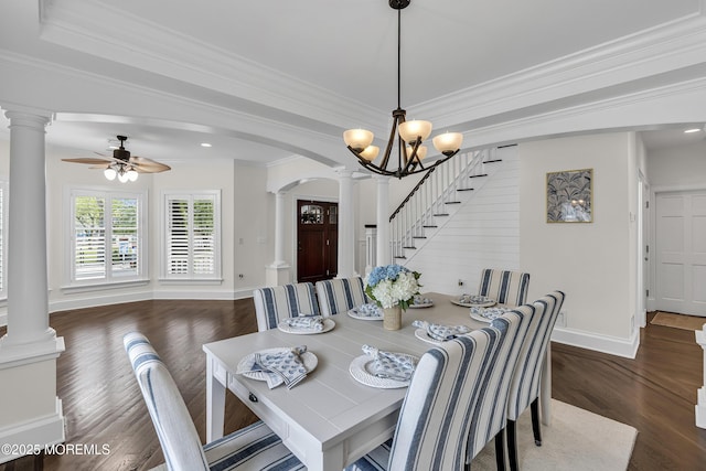 2117 Seagull Ter, Point Pleasant, NJ 08742 - dining space with ornate columns, wood finished floors, a ceiling fan, ornamental molding, and baseboards