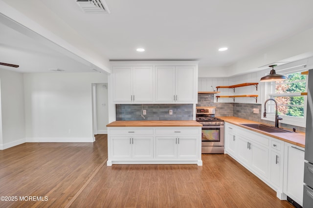 3132 Cohocton Ave, Point Pleasant, NJ 08742 - kitchen with wooden counters, gas range, a sink, backsplash, and white cabinetry
