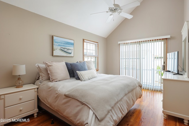3 Watson Pl, Manasquan, NJ 08736 - bedroom featuring high vaulted ceiling, wood finished floors, access to outside, and ceiling fan