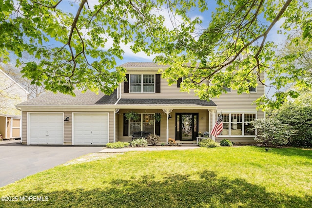 15 Tanglewood Dr, Barnegat, NJ 08005 - view of front facade with asphalt driveway, a front yard, an attached garage, covered porch, and a shingled roof