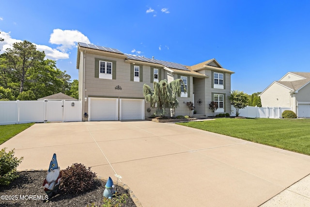 28 Hannah Lee Rd, Barnegat, NJ 08005 - view of front facade featuring a gate, a garage, roof mounted solar panels, concrete driveway, and metal roof