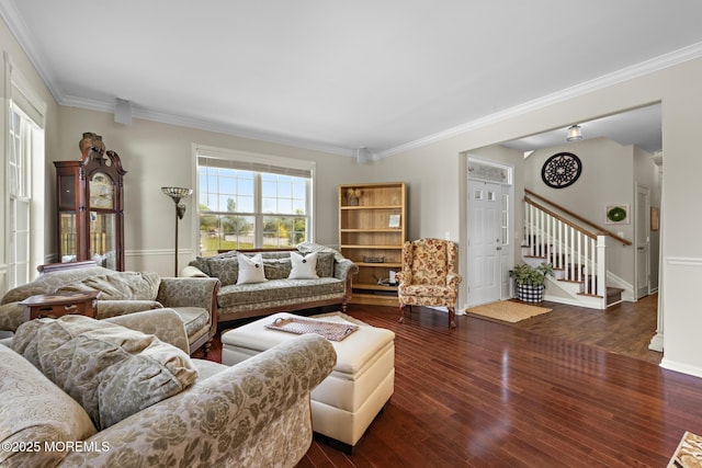 28 Hannah Lee Rd, Barnegat, NJ 08005 - living room with stairs, crown molding, wood finished floors, and baseboards
