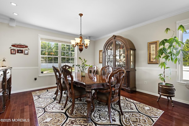28 Hannah Lee Rd, Barnegat, NJ 08005 - dining area with a chandelier, ornamental molding, dark wood-type flooring, baseboards, and recessed lighting