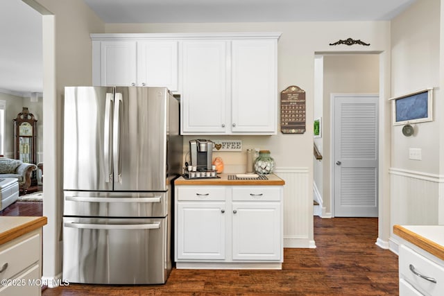28 Hannah Lee Rd, Barnegat, NJ 08005 - kitchen with freestanding refrigerator, white cabinetry, wainscoting, and dark wood-style flooring