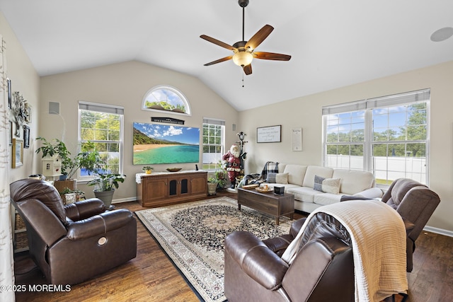 28 Hannah Lee Rd, Barnegat, NJ 08005 - living area with ceiling fan, lofted ceiling, wood finished floors, and baseboards