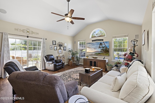 28 Hannah Lee Rd, Barnegat, NJ 08005 - living area with wood finished floors, a ceiling fan, and lofted ceiling