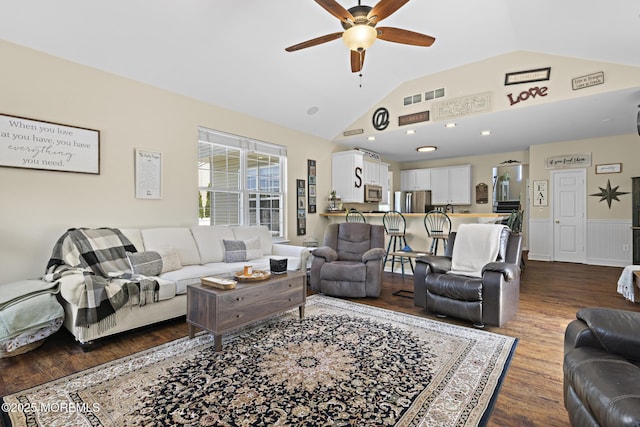 28 Hannah Lee Rd, Barnegat, NJ 08005 - living area with vaulted ceiling, ceiling fan, and dark wood-style floors