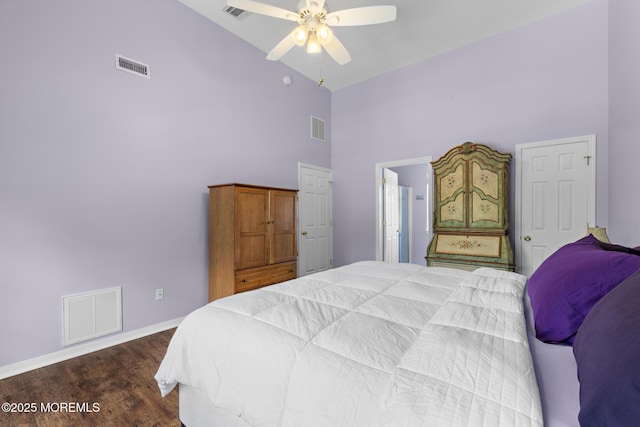 28 Hannah Lee Rd, Barnegat, NJ 08005 - bedroom featuring high vaulted ceiling, baseboards, dark wood finished floors, ceiling fan, and ensuite bathroom