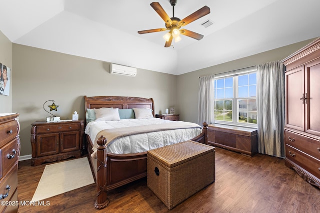 28 Hannah Lee Rd, Barnegat, NJ 08005 - bedroom featuring a wall mounted air conditioner, lofted ceiling, dark wood-style floors, and ceiling fan