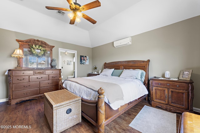 28 Hannah Lee Rd, Barnegat, NJ 08005 - bedroom with a wall mounted air conditioner, vaulted ceiling, dark wood-style flooring, ceiling fan, and ensuite bathroom