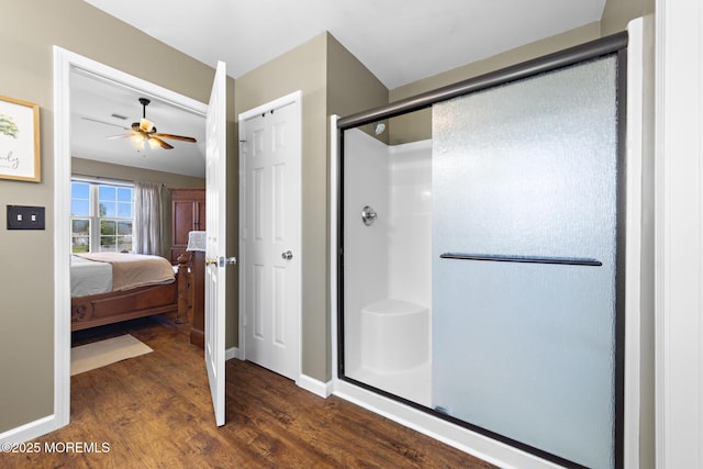 28 Hannah Lee Rd, Barnegat, NJ 08005 - full bath with a shower stall, wood finished floors, ceiling fan, ensuite bath, and baseboards