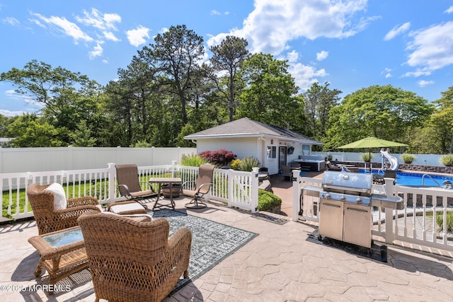 28 Hannah Lee Rd, Barnegat, NJ 08005 - fenced backyard featuring a patio, an outbuilding, view of wooded area, and grilling area