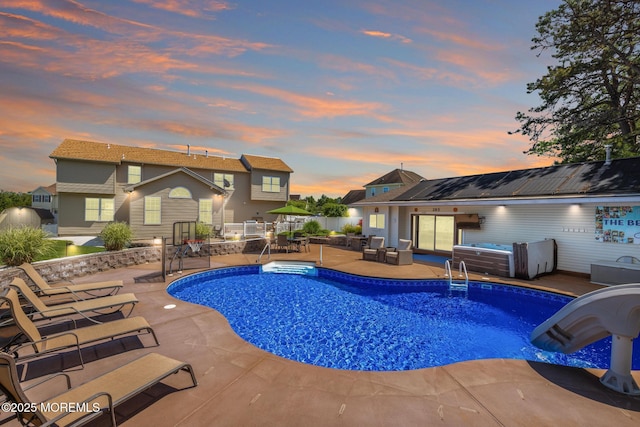 28 Hannah Lee Rd, Barnegat, NJ 08005 - view of swimming pool with a hot tub, a water slide, a patio, an outdoor living space, and outdoor dining space