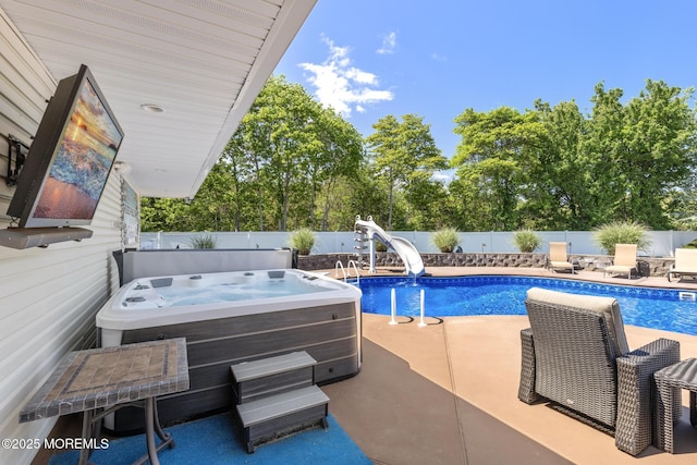 28 Hannah Lee Rd, Barnegat, NJ 08005 - view of pool featuring a water slide, a hot tub, a fenced backyard, and a patio area