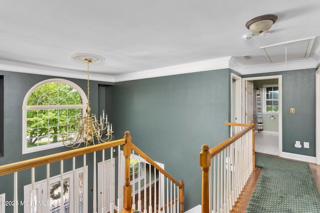 1 Yeger Dr, Upper Freehold, NJ 08501 - hall featuring an upstairs landing, attic access, healthy amount of natural light, and ornamental molding