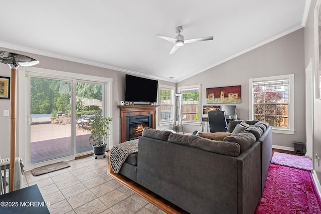 34 Mount Run, Tinton Falls, NJ 07753 - living area with a ceiling fan, crown molding, a lit fireplace, and lofted ceiling