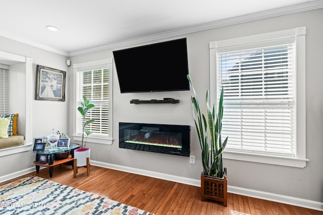 34 Mount Run, Tinton Falls, NJ 07753 - living room with ornamental molding, wood finished floors, baseboards, and a glass covered fireplace