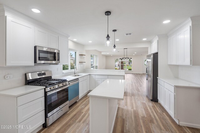 21 Turnbridge, Manchester, NJ 08759 - kitchen with stainless steel appliances, a sink, a peninsula, light wood-style flooring, and white cabinetry