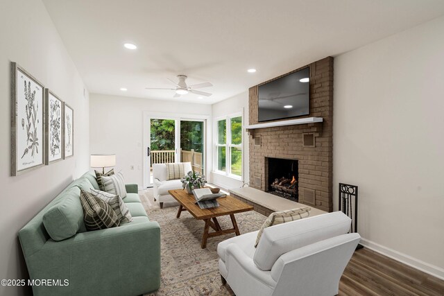 21 Turnbridge, Manchester, NJ 08759 - living area with wood finished floors, a ceiling fan, a fireplace, baseboards, and recessed lighting