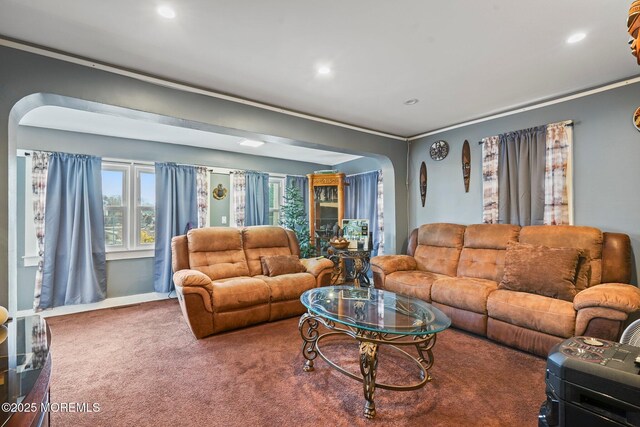 1952 Stratford Ave, Neptune Township, NJ 07753 - living room featuring arched walkways, carpet flooring, recessed lighting, and crown molding