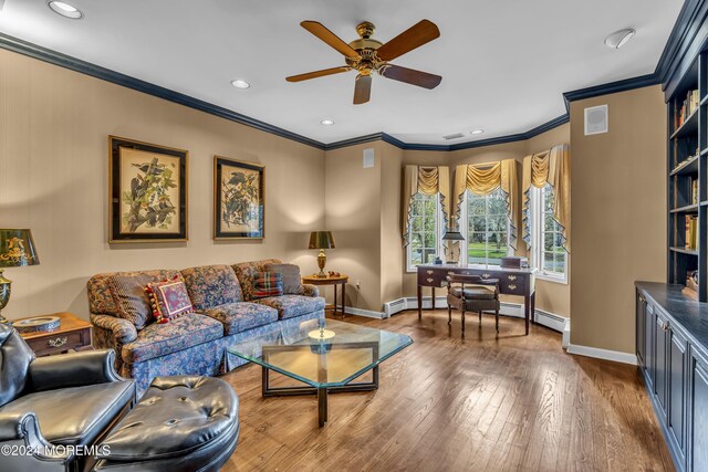 34 Bruns Rd, West Allenhurst, NJ 07711 - living room with ornamental molding, ceiling fan, baseboards, hardwood / wood-style floors, and baseboard heating