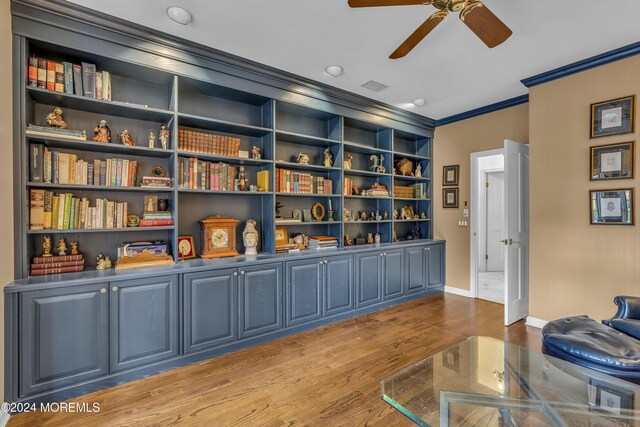 34 Bruns Rd, West Allenhurst, NJ 07711 - sitting room with ornamental molding, a ceiling fan, wood finished floors, and baseboards