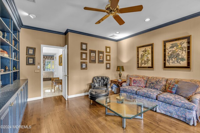 34 Bruns Rd, West Allenhurst, NJ 07711 - living room featuring crown molding, a ceiling fan, wood finished floors, recessed lighting, and baseboards