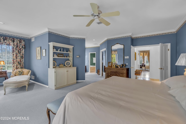 34 Bruns Rd, West Allenhurst, NJ 07711 - bedroom with crown molding, carpet floors, baseboards, ceiling fan, and ensuite bath
