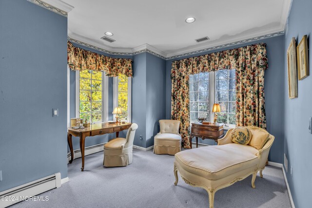 34 Bruns Rd, West Allenhurst, NJ 07711 - living area with baseboard heating, crown molding, carpet, baseboards, and recessed lighting