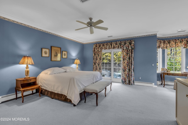 34 Bruns Rd, West Allenhurst, NJ 07711 - bedroom with a baseboard heating unit, crown molding, baseboard heating, carpet flooring, and access to exterior