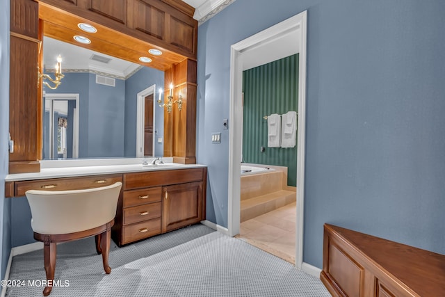 34 Bruns Rd, West Allenhurst, NJ 07711 - full bath with baseboards, a garden tub, vanity, crown molding, and a chandelier
