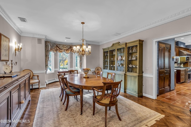 34 Bruns Rd, West Allenhurst, NJ 07711 - dining room featuring a baseboard radiator, a chandelier, ornamental molding, baseboards, and recessed lighting