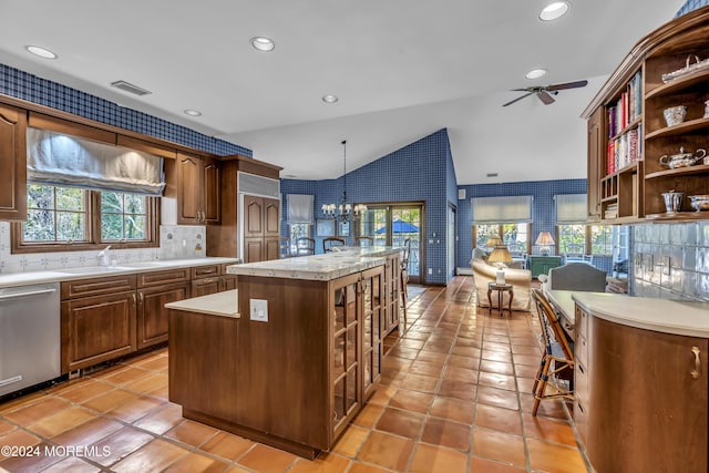 34 Bruns Rd, West Allenhurst, NJ 07711 - kitchen with dishwasher, vaulted ceiling, a ceiling fan, light countertops, and a chandelier