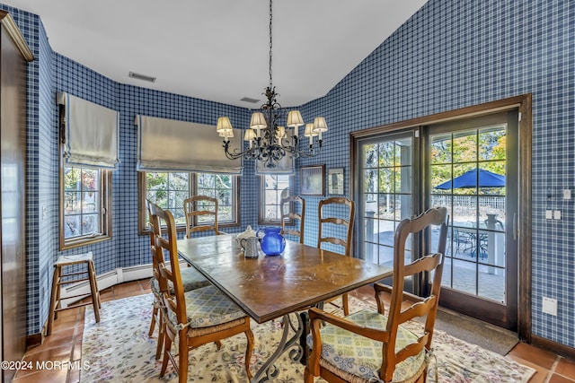 34 Bruns Rd, West Allenhurst, NJ 07711 - dining area featuring wallpapered walls, a chandelier, baseboards, and baseboard heating