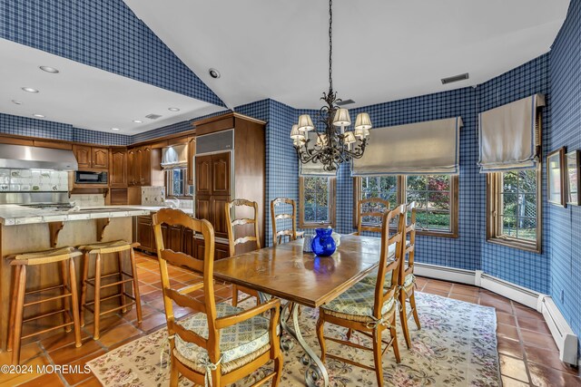 34 Bruns Rd, West Allenhurst, NJ 07711 - dining space with wallpapered walls, a chandelier, tile patterned floors, and recessed lighting