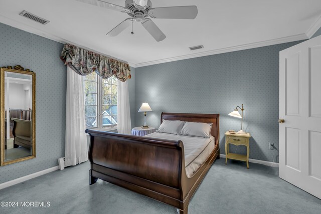 34 Bruns Rd, West Allenhurst, NJ 07711 - carpeted bedroom featuring crown molding, ceiling fan, and baseboards
