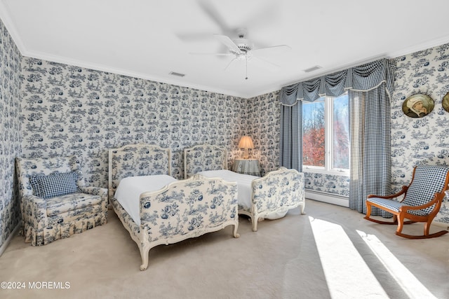 34 Bruns Rd, West Allenhurst, NJ 07711 - carpeted bedroom featuring crown molding, wallpapered walls, a baseboard radiator, and a ceiling fan