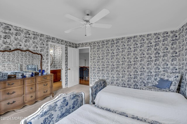 34 Bruns Rd, West Allenhurst, NJ 07711 - bedroom with wallpapered walls, crown molding, a ceiling fan, and connected bathroom