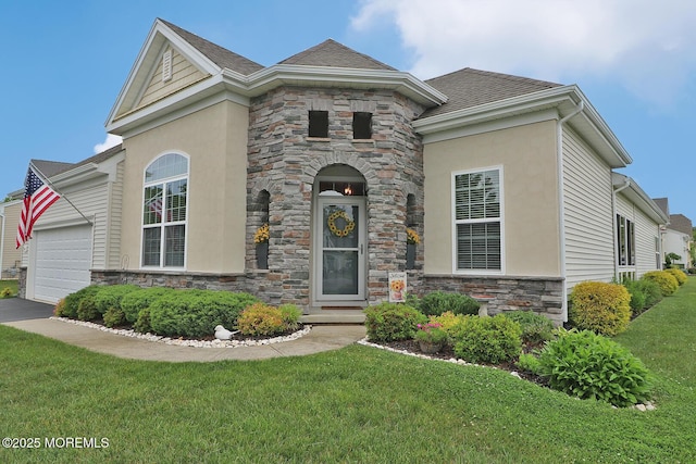46 Rockland St, Barnegat, NJ 08005 - view of front of house with stone siding, a front lawn, an attached garage, and stucco siding