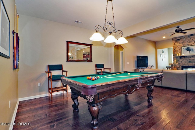 46 Rockland St, Barnegat, NJ 08005 - game room with wood finished floors, arched walkways, billiards table, a fireplace, and a ceiling fan