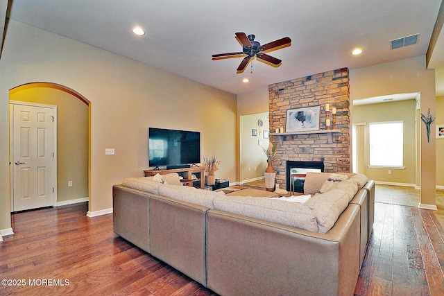 46 Rockland St, Barnegat, NJ 08005 - living room with a ceiling fan, hardwood / wood-style flooring, a fireplace, baseboards, and recessed lighting