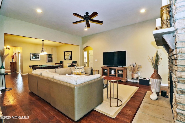 46 Rockland St, Barnegat, NJ 08005 - living room with arched walkways, ceiling fan, dark wood-style flooring, billiards table, and recessed lighting