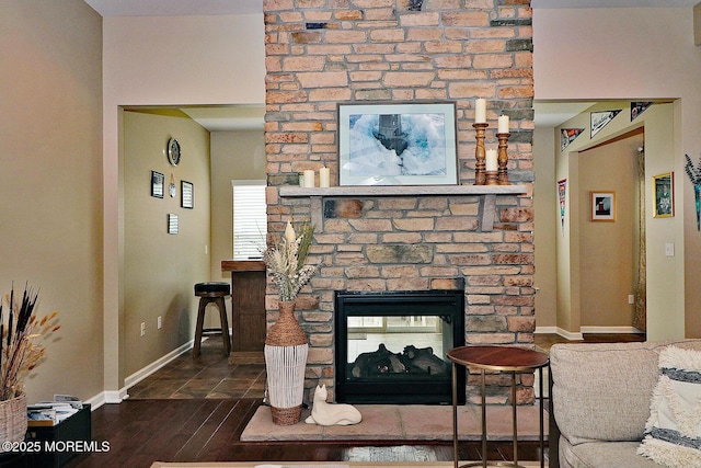46 Rockland St, Barnegat, NJ 08005 - living area with a fireplace, baseboards, and dark wood-style flooring
