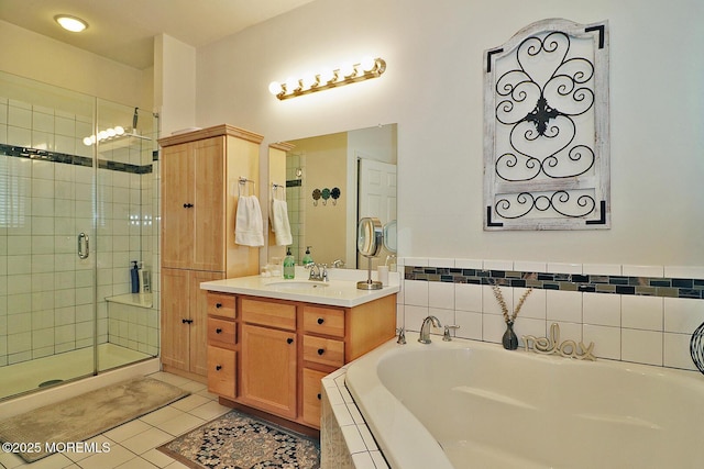 46 Rockland St, Barnegat, NJ 08005 - bathroom with a bath, a shower stall, vanity, and tile patterned flooring