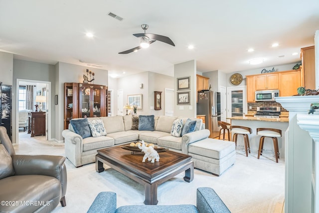 85 Briarwood Dr, Little Egg Harbor, NJ 08087 - living room with a ceiling fan, light carpet, and recessed lighting