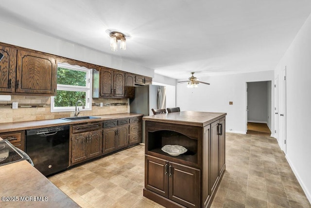 25 Overhill Rd, Ocean Twp, NJ 07712 - kitchen with dishwasher, a sink, backsplash, dark brown cabinets, and ceiling fan