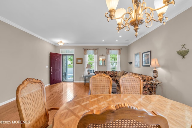 5 Minot Light Ct, Barnegat, NJ 08005 - dining room featuring wood finished floors, a chandelier, baseboards, crown molding, and recessed lighting