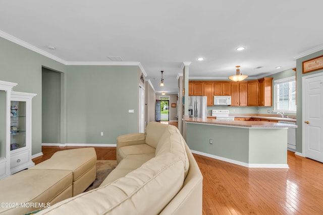 5 Minot Light Ct, Barnegat, NJ 08005 - living room featuring crown molding, plenty of natural light, light wood-style flooring, recessed lighting, and baseboards