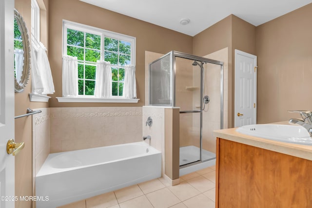 5 Minot Light Ct, Barnegat, NJ 08005 - bathroom featuring a shower stall, a bath, tile patterned floors, and vanity