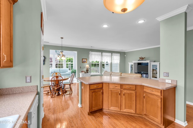 5 Minot Light Ct, Barnegat, NJ 08005 - kitchen featuring open floor plan, crown molding, light countertops, light wood finished floors, and recessed lighting